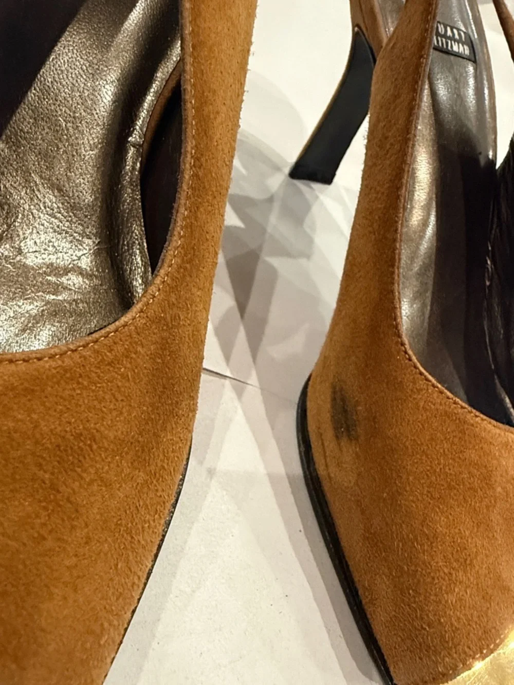 Stuart Weitzman Suede Slingback Peep-Toe Heels in Cognac Brown with Gold Cap